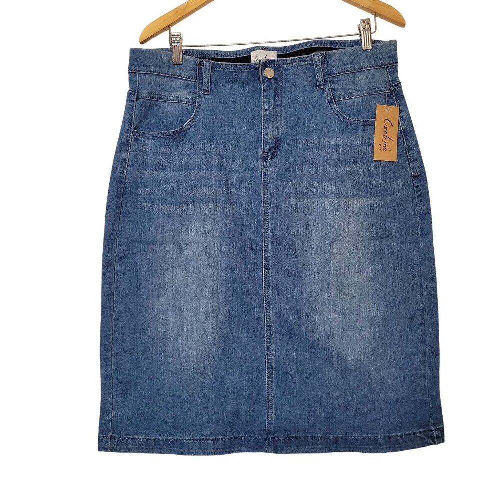Czelrine Womens Blue Stretch Denim Pencil Skirt XXL With Button & Zip Closure